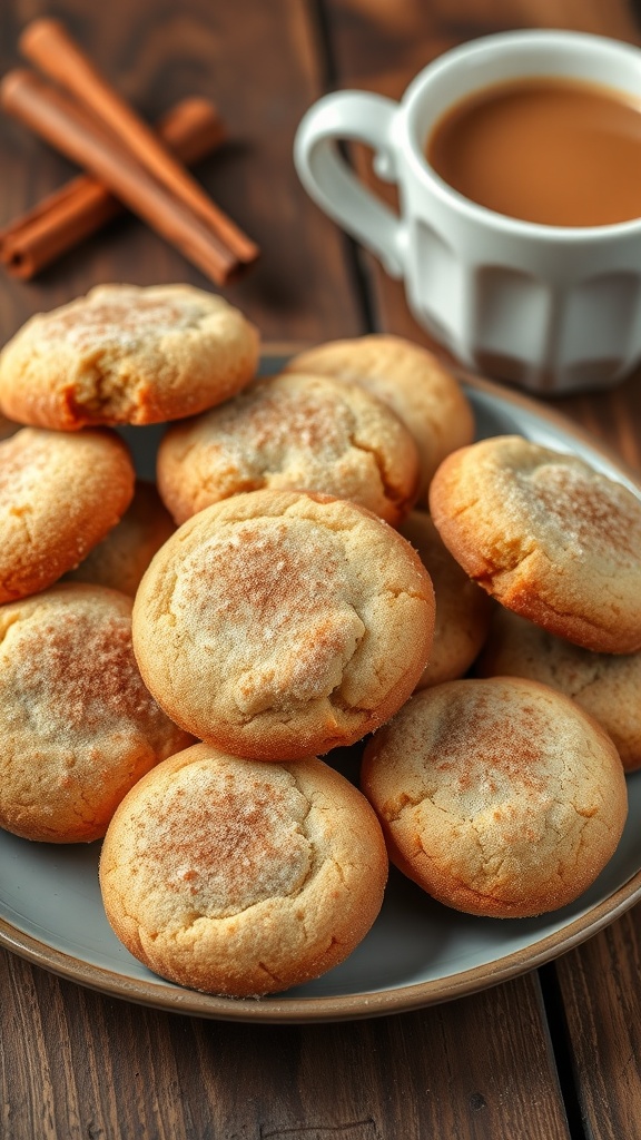 A plate of warm snickerdoodle cookies with a cinnamon-sugar coating, alongside a cup of coffee.